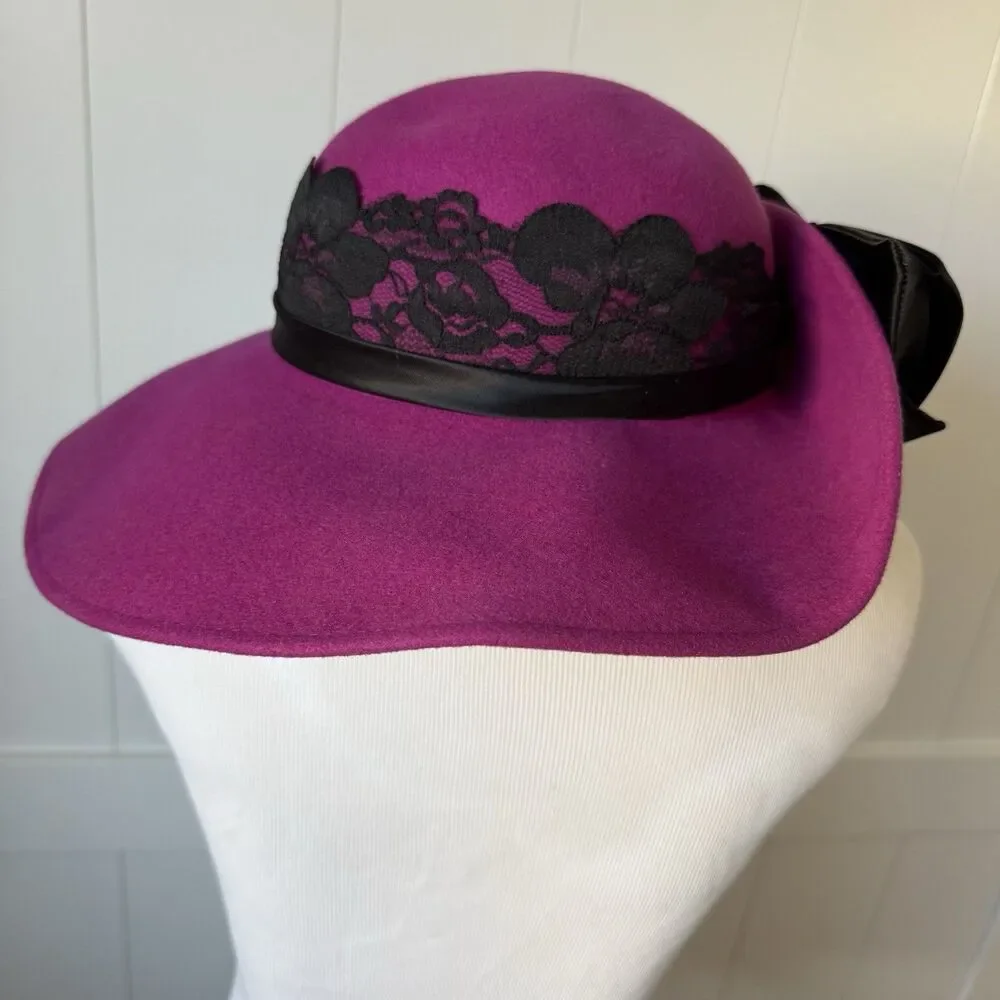 VTG 80s Deadstock Michael Howard Fuchsia Wool Fedora Hat Lace Satin Bow USA NOS